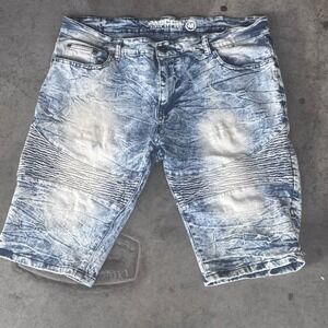 Y2K MECCA JORTS MEN SIZE 36 STRETCH BLUE ACID WASH MOTO DENIM SHORT STREETWEAR